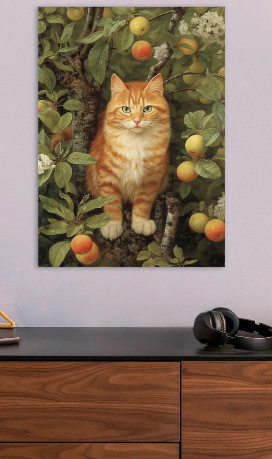 Ginger Cat in Apple Tree — metal poster wall art by Lineer